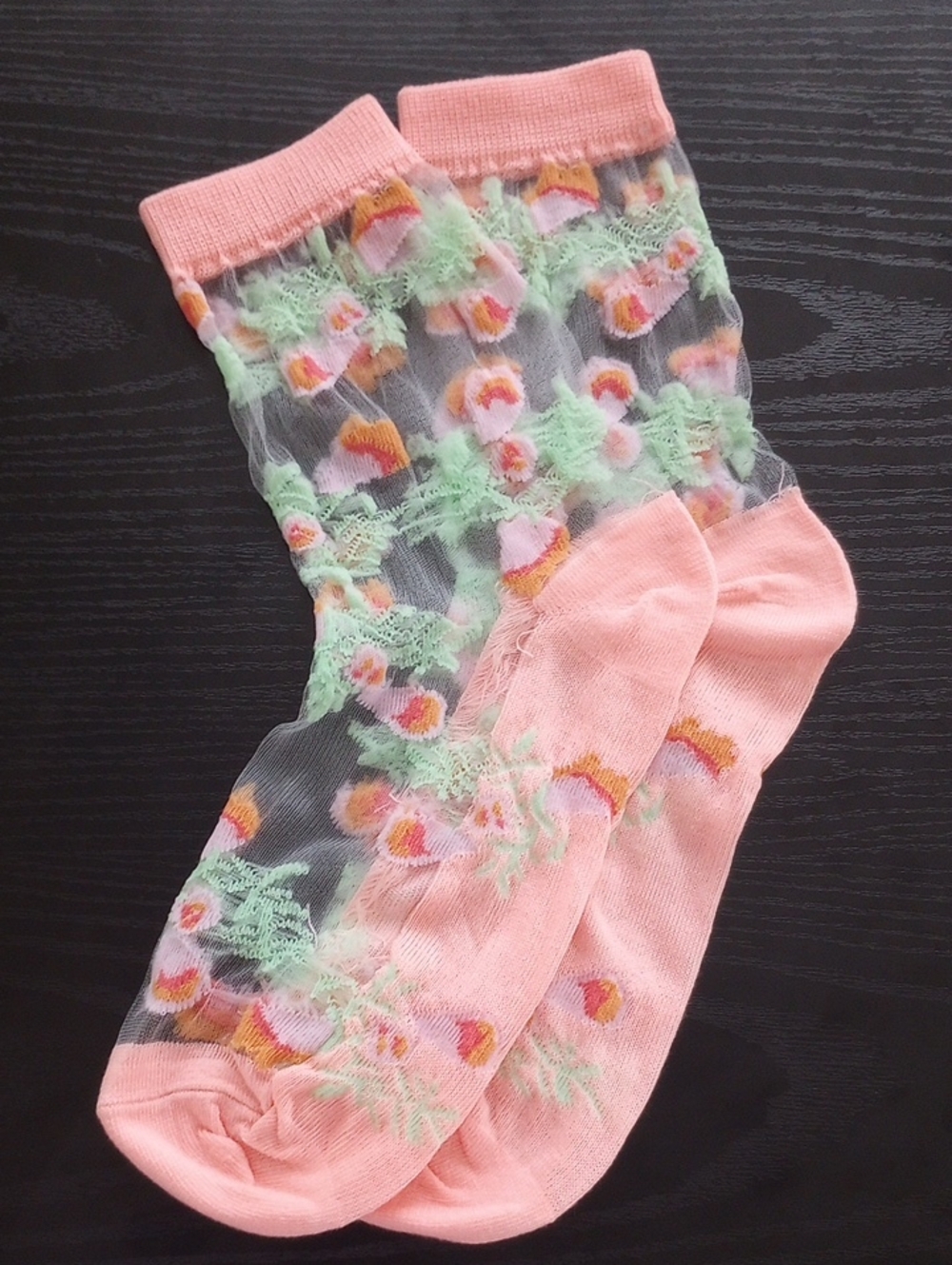 Coral Orange Pink Green Sheer Floral Mid calf Socks